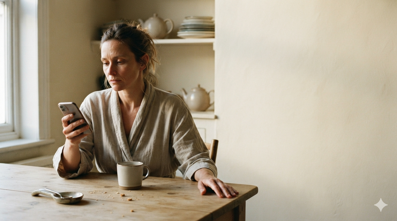 A woman alone at a kitchen table in morning light, looking at her phone with an unreadable expression