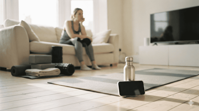 A phone propped against a water bottle, filming a woman's workout from across the room