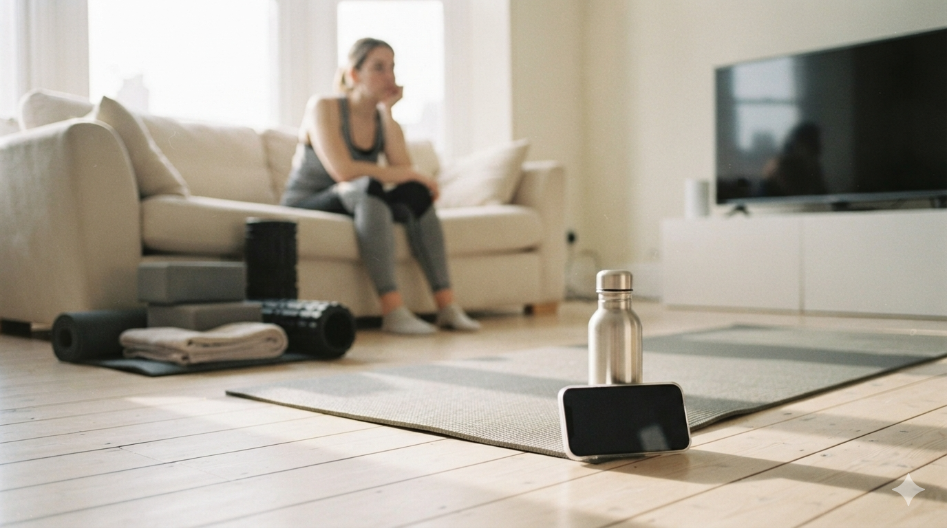 A phone propped against a water bottle, filming a woman's workout from across the room