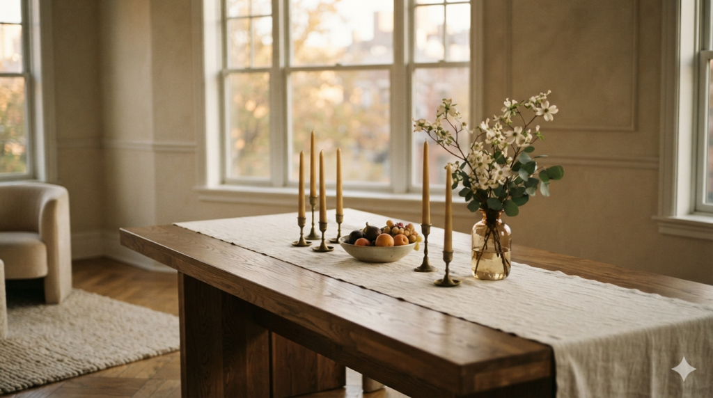 A carefully styled table set for one, arranged more for the photograph than the meal