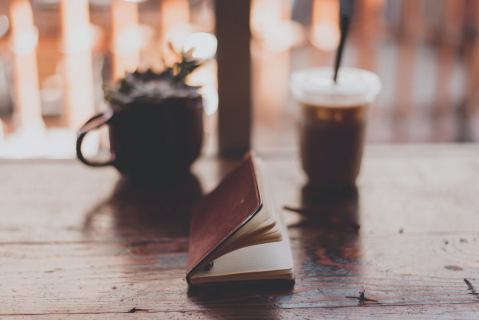 A leather journal and coffee on a wooden table — step one of the Sunday reset routine, the brain dump