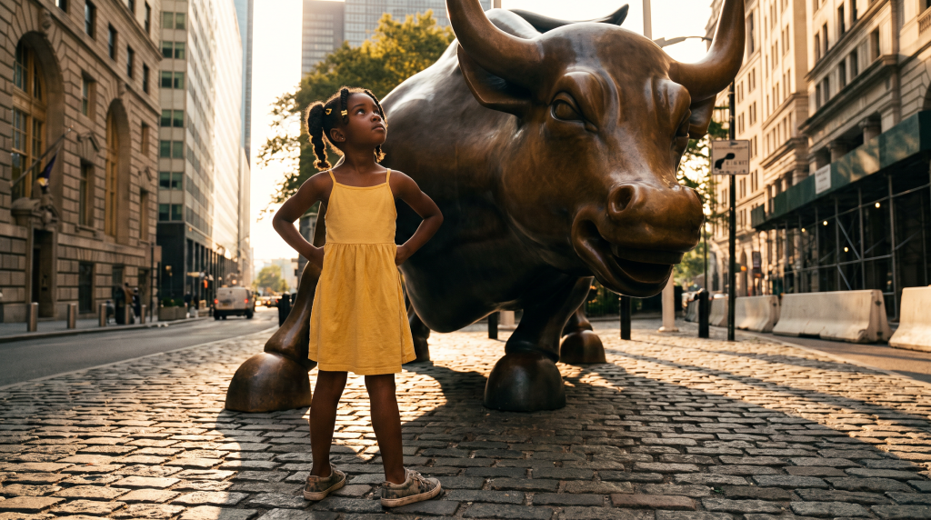 Fearless young Black girl standing defiantly in front of the Wall Street charging bull statue, representing women's courage in finance