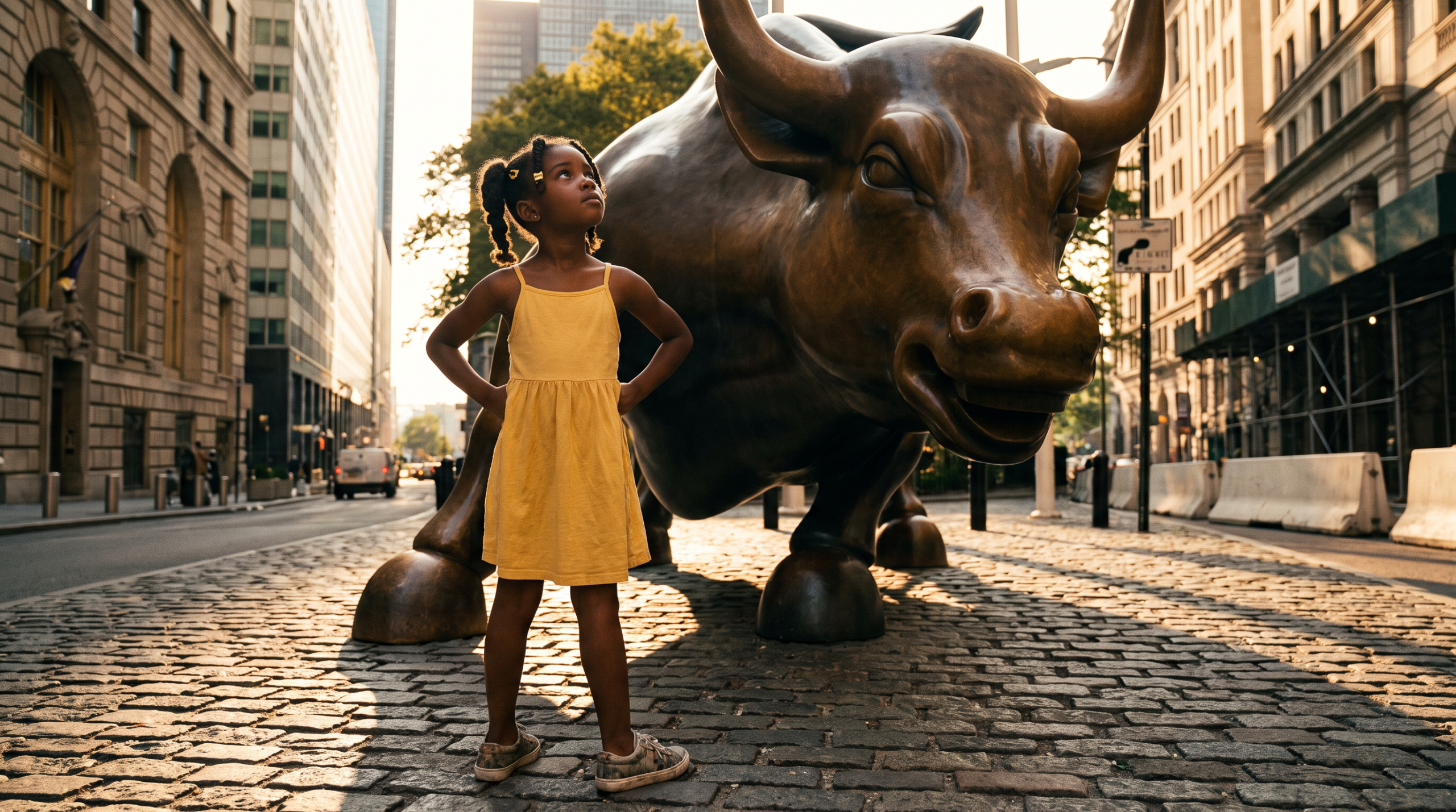 Fearless young Black girl standing defiantly in front of the Wall Street charging bull