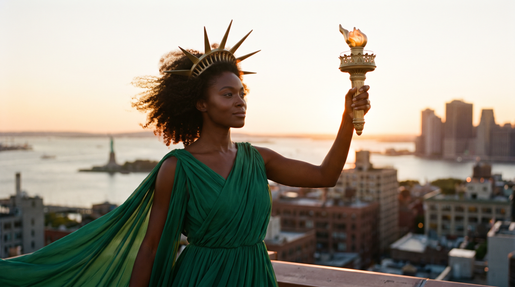 Black woman personifying the Statue of Liberty on NYC rooftop at golden hour, holding golden torch, wearing emerald green gown and spiked gold crown