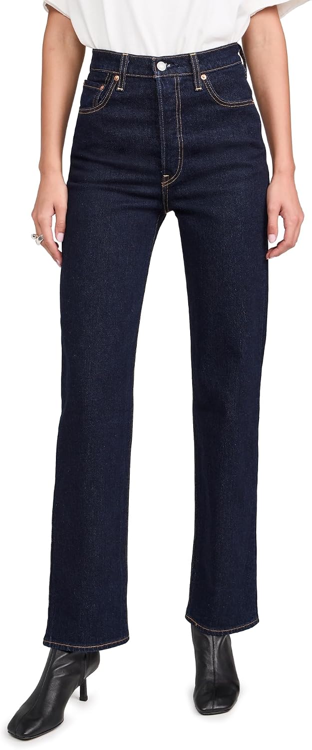 Wide-leg or straight denim in a dark, uniform wash