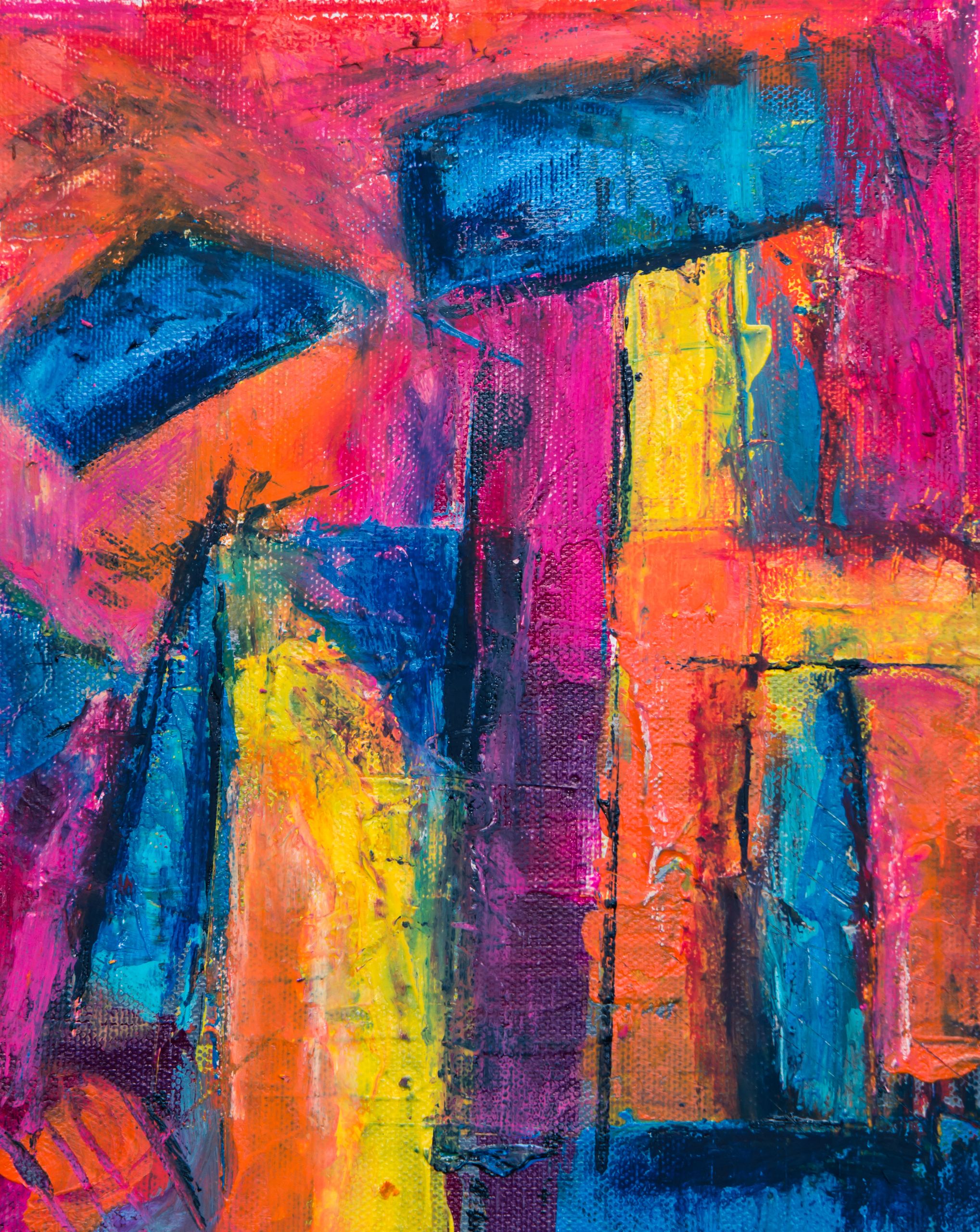 A colorful abstract painting with bold patterns and textures, ideal for modern decor.