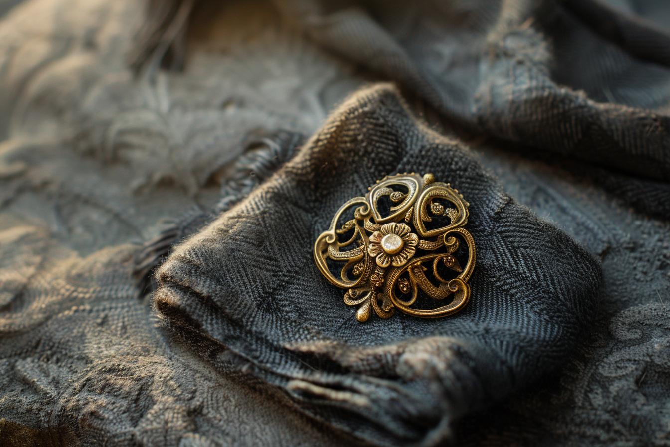 Antique gold Art Nouveau brooch with patina resting on folded charcoal wool fabric