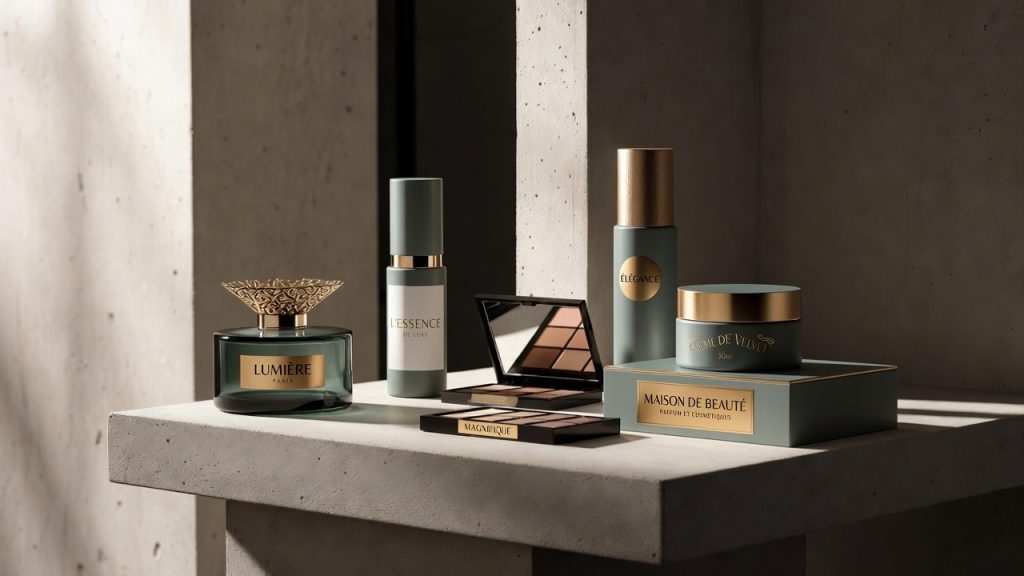 Editorial flatlay of quiet-luxury beauty essentials - perfume, serum, eyeshadow palette, cream jar - on a concrete surface with soft natural light