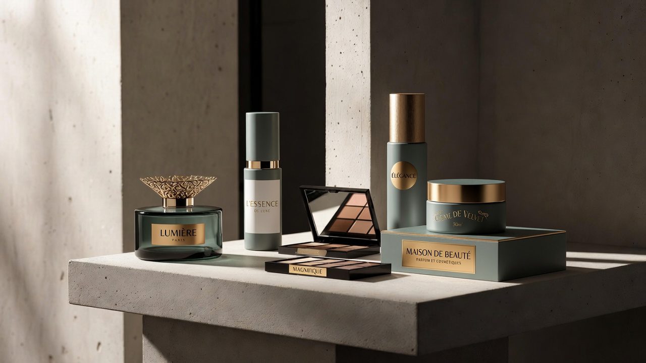 Editorial flatlay of quiet-luxury beauty essentials - perfume, serum, eyeshadow palette, cream jar - on a concrete surface with soft natural light
