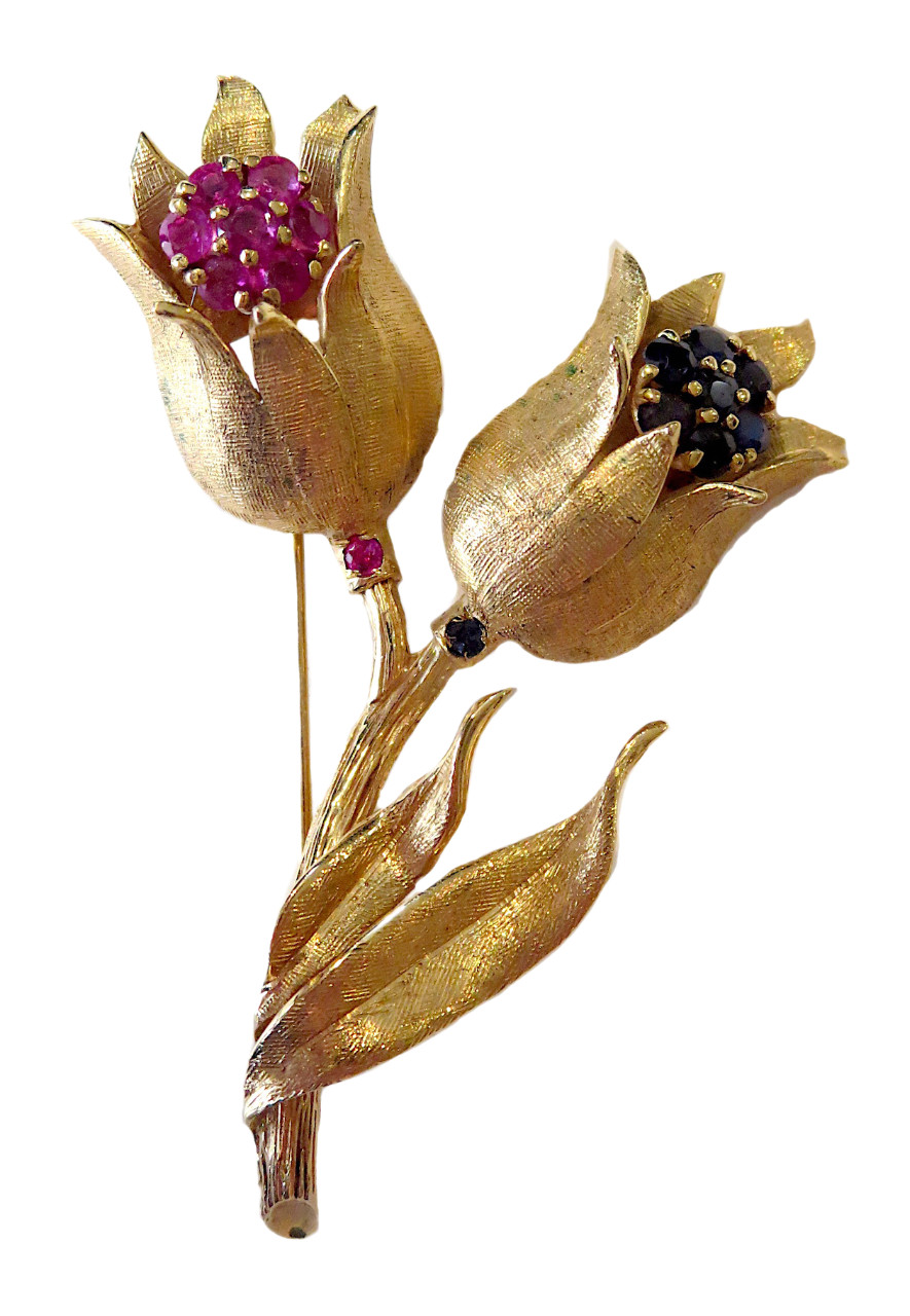 Ruby and sapphire 14K gold flower brooch, Van Cleef style