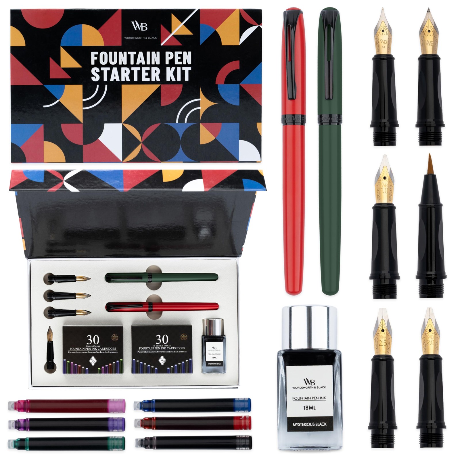 Wordsworth and Black green fountain pen set with two pens and an ink bottle