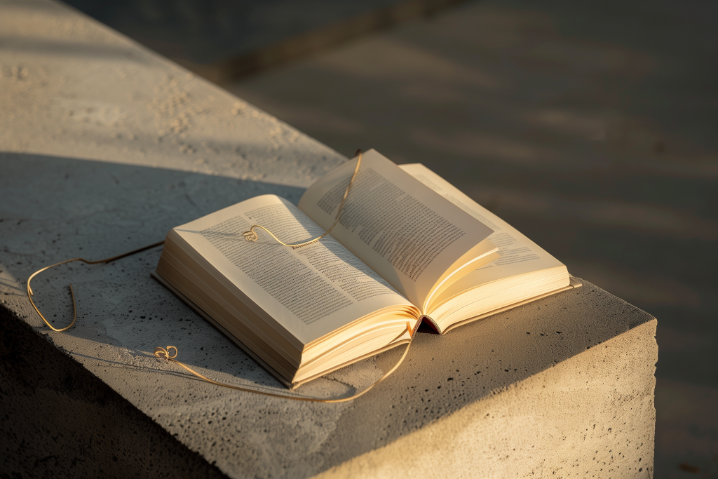 Two open books on a raw concrete ledge with a curl of gold filigree wire across the pages, warm late-afternoon light
