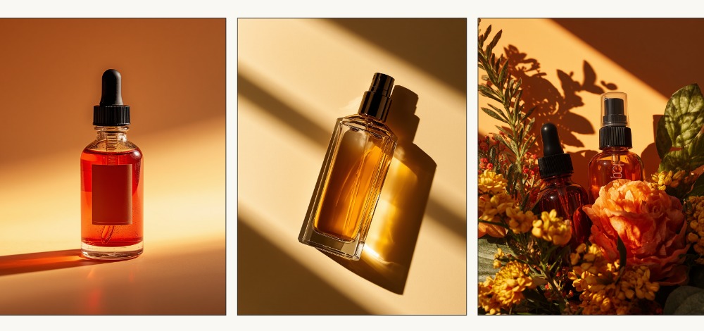 Three warm, dramatically lit beauty product photos - amber dropper bottle, spray bottle, and florals - The Ritual