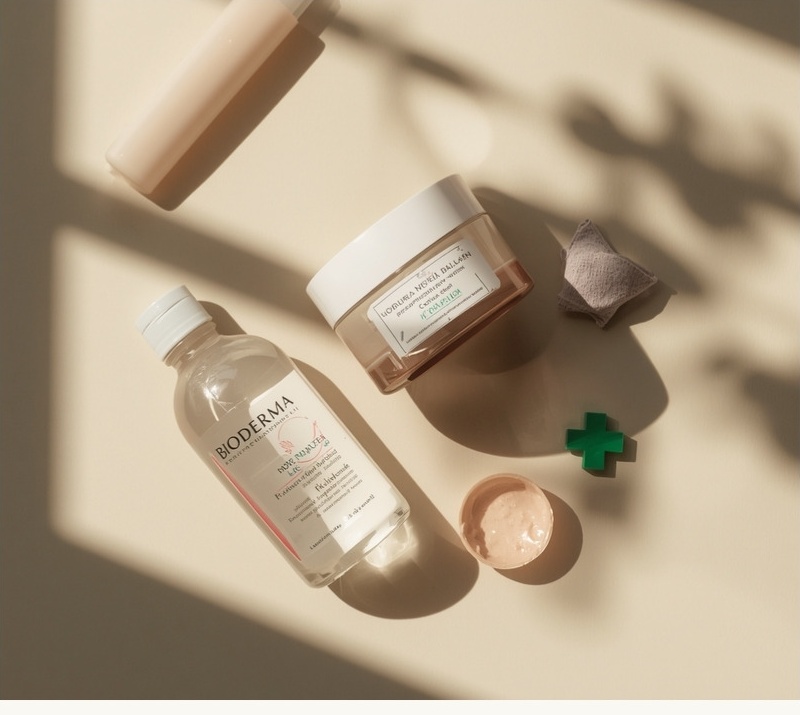 Bioderma Sensibio H2O micellar water and French pharmacy skincare essentials flatlay with green pharmacy cross