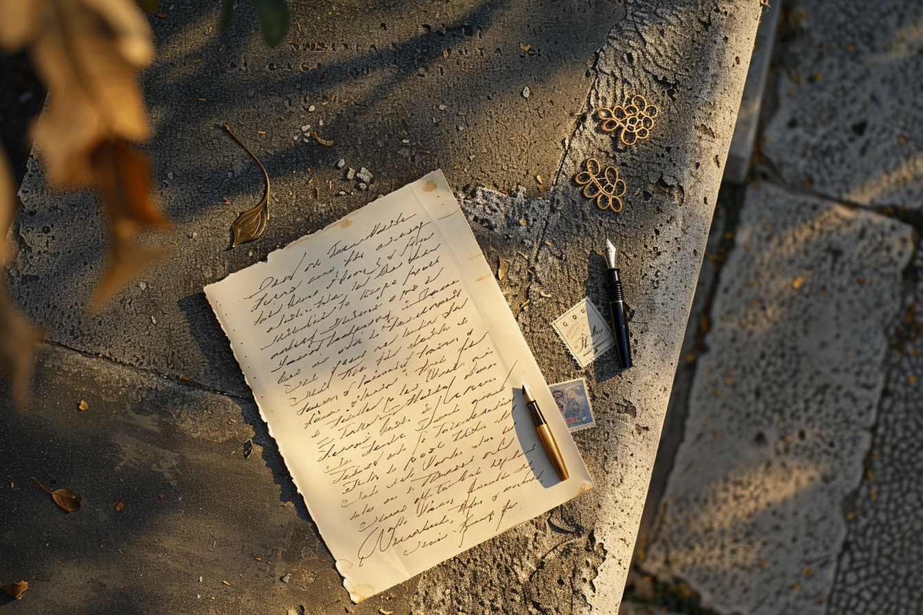 Handwritten letter on cream paper with a fountain pen and postage stamps on a sunlit concrete ledge