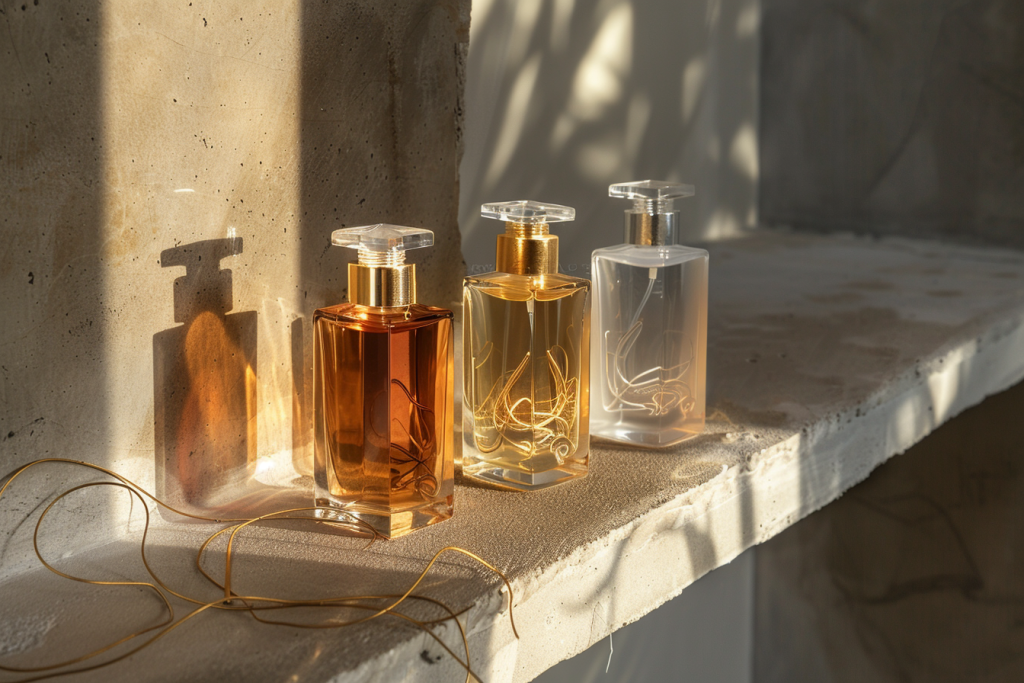 Three unlabelled amber and clear glass perfume bottles on a concrete ledge in warm afternoon light